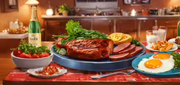 a plate full of meat, bread, potatoes, and vegetables,a meal with meat and sides is displayed on a table