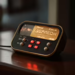 an analog radio sitting on top of a wooden desk