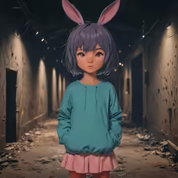 a girl stands alone with her rabbit ears on