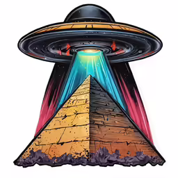 a drawing of a pyramid with an alien like structure above it