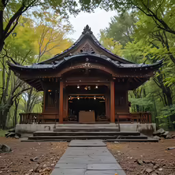 a japanese pagoda sitting in a park next to trees