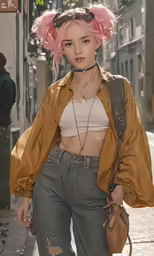 a woman with pink hair wearing high waisted jeans and a cropped jacket