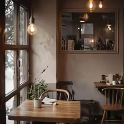 the restaurant is set with a wooden table