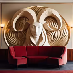 a big modern looking wall sculpture in the middle of a room with a red couch
