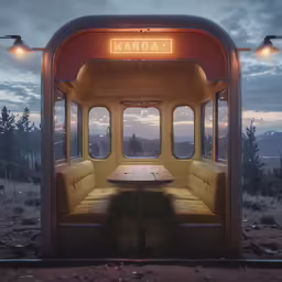 a train car with a table and benches for two people