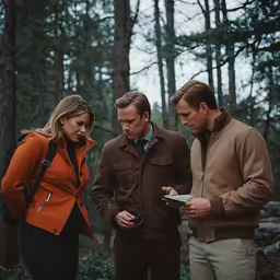 two couples look at a map in the woods