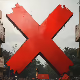 an x shaped sign on the side of a busy road