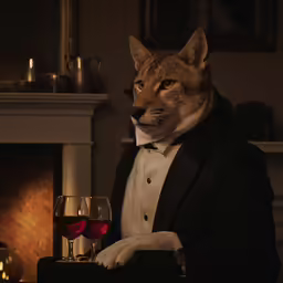 a cat dressed up in a suit holding a wine glass