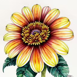 a flower that is painted in yellow and red,a large flower painted in a white background,the large sunflower is painted with markers and paints,an image of a flower in watercolor,an orange and yellow flower with green leaves