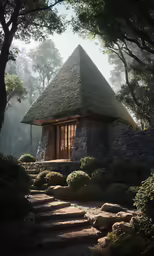 an image of a stone hut with steps