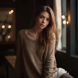 a woman sits in a dimly lit restaurant by a window