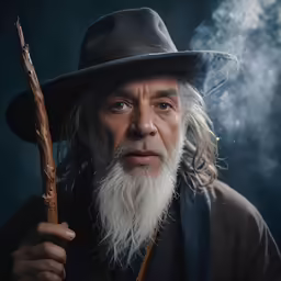 a man with long white hair and a white beard holding a stick
