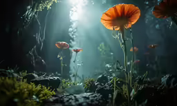 three flowers are in the woods and surrounded by vegetation