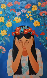 a painting of a girl with flower headband covering her eyes