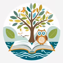 an owl sitting on a book under the tree with leaves