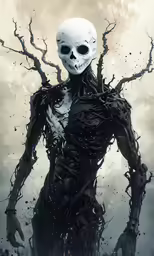 a skeleton with a creepy face in a field