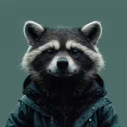 the racoon is wearing a hooded jacket