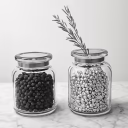 two glass jars with black and white food in them