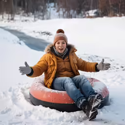 a little boy is having fun tubeing down the snow