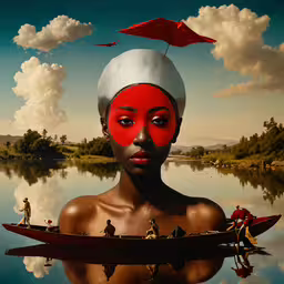 a woman with the same makeup, red paint, white and red,there is a woman with an upside down red face