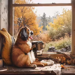 a dog sitting on a windowsill next to a cup