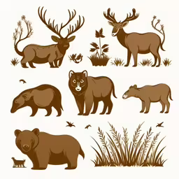 several brown silhouettes of bears and other animals,four different types of bear and bear cubs,a set of brown silhouettes showing wild animals,a set of various bear, moose, and antelope silhouettes,various animals that can be found in different places