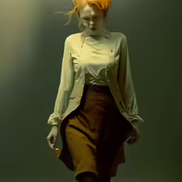 a young woman standing beneath the water wearing an orange wig