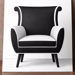 a black and white chair sitting on a wood floor