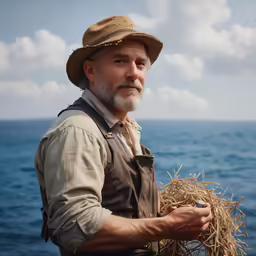 man holding onto some straw on the edge of the ocean