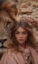 a beautiful young woman standing next to a lion