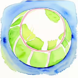 a painting of a green and white globe,a watercolor painting of a green ball in the air,this is a drawing of a green and white object,a painting that has been drawn with some green and pink items,an image of the earth in the middle of a drawing