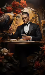 man in tuxedo, in center with eagle on his lap top