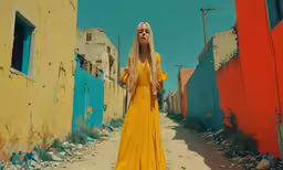 a woman standing on a dirt road next to a colorful wall