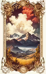 an art work with clouds, mountains, and trees