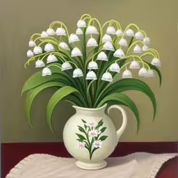 a painting of lily of the valley on a table,a white vase with some flowers in it,a white vase with white and green flowers sitting on a table,the painting shows lily of the valley in a white vase,the large white vase is holding lily of the valley