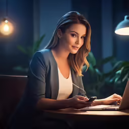a woman sitting in front of her laptop at night