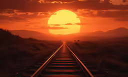 the sun sets over a train track and hills