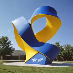 the large sculpture has a yellow, blue, and yellow ribbon