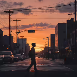 a cross walk with people walking across it at sunset