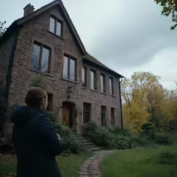 an old brick house with a woman looking at the front