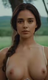 a nude woman with large breast standing in a field