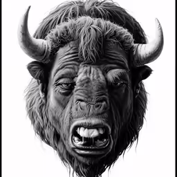 a big horned buffalo head with its mouth open