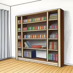 this is a drawing of a bookcase in a room,a drawing of a bookcase with books,an illustration of bookshelves full of books in a room,a drawing of an empty bookshelf in a living room,an image of book shelf full of books