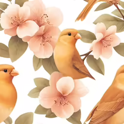 this pattern has orange birds with flowers on it
