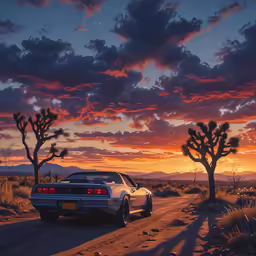 a sports car parked on a dirt road in the middle of a desert at sunset