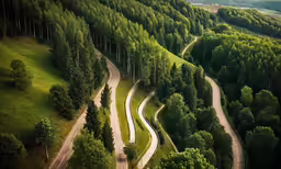 an aerial view of a rural road in the middle of trees