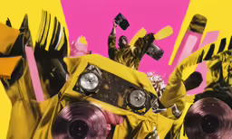 artwork depicting multiple objects and the image of an mp3 player