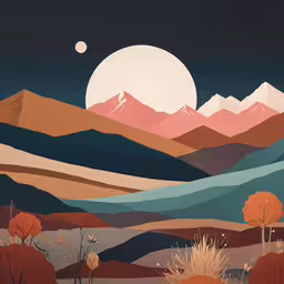 an abstract painting of hills and mountains with trees in the foreground,the illustration shows a mountainous scene with trees