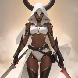 an illustration of a sexy woman with two swords and a cosplay