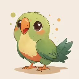 a green bird with big eyes and two feet
